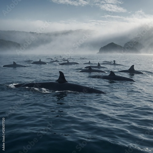 A pod of whales swimming through a misty ocean, their massive bodies cutting through the water.