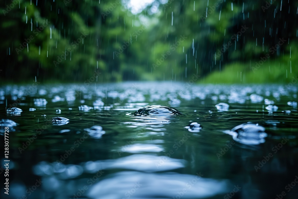 Raindrops falling into a body of water creating ripples Raindrops falling into a body of water creating ripples