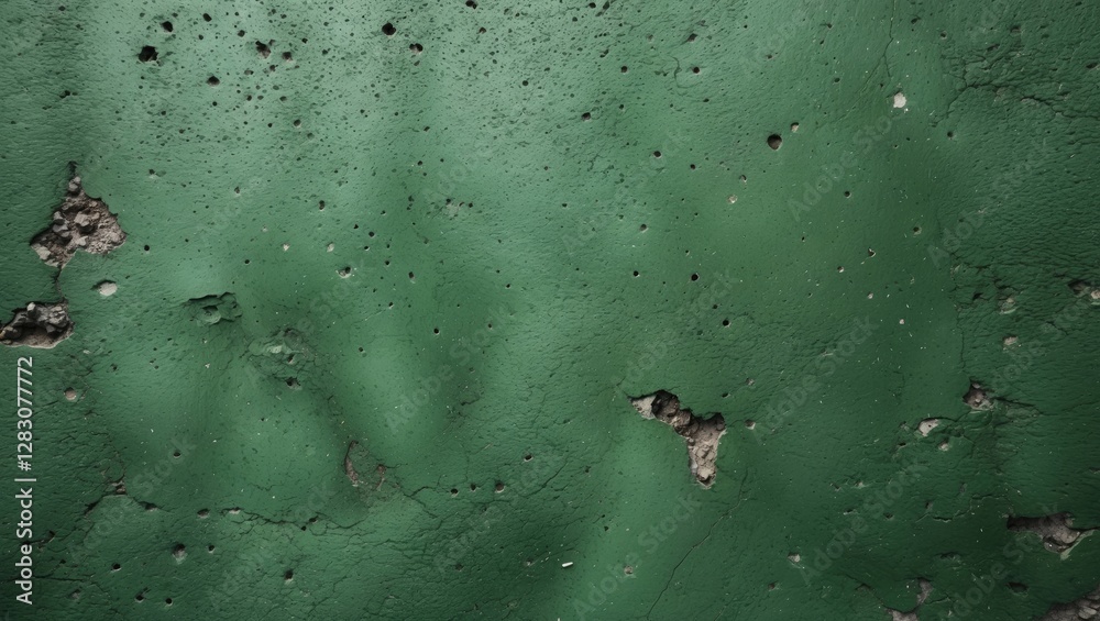 Textured green wall with cracks and holes, urban background for design, abstract surface detail, rough paint finish, weathered appearance. Textured green wall with cracks and holes, urban background for design, abstract surface detail, rough paint finish, weathered appearance.
