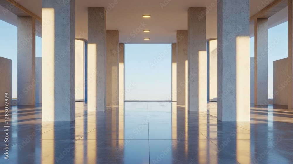 Fototapeta premium Sunlit Modern Architecture Concrete Columns Hallway