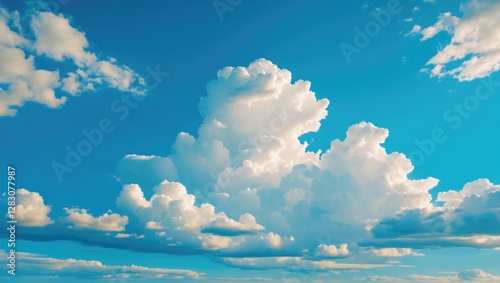 Fluffy white clouds against a bright blue sky during daytime with scattered cumulus formations and soft lighting photo