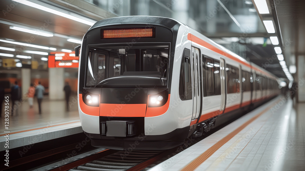 Fototapeta premium Modern train at urban subway station during busy commuting hours