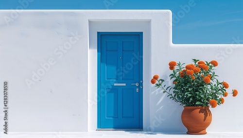 blue door and flowers