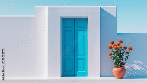 blue door and flowers in santorini