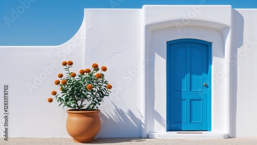 blue door and flowers
