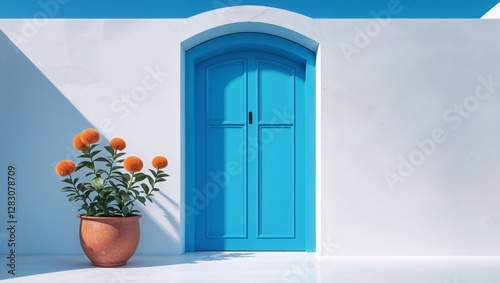 blue door and flowers