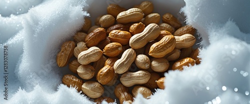 Boiled peanuts nestled in snow contrasting with a bright white background showcasing their unique texture and color. photo