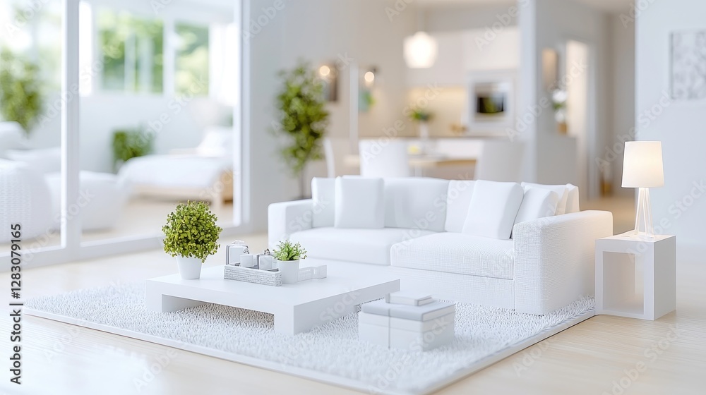 Fototapeta premium Modern white living room interior design, open plan, bright background