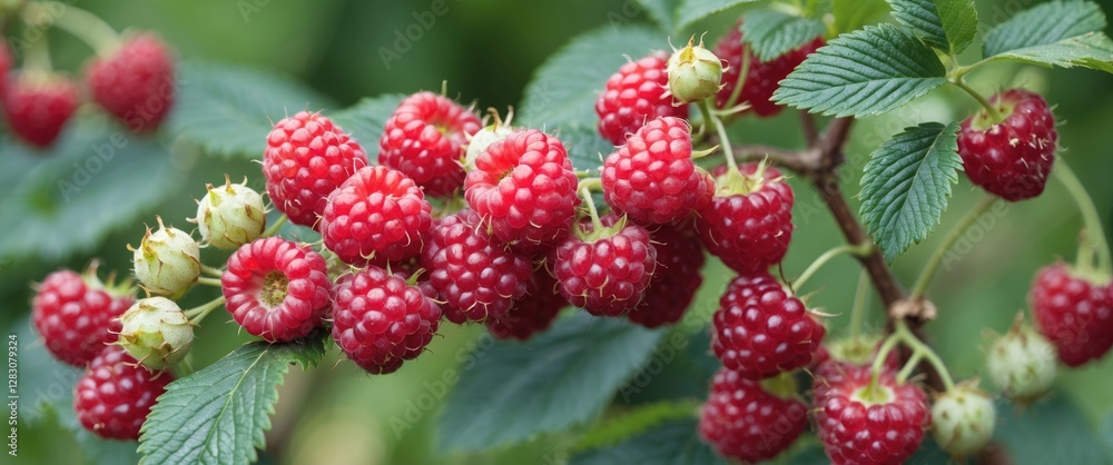 Close up of healthy ripe raspberries on a branch in a vibrant garden setting showcasing fresh organic fruit and lush green leaves Close up of healthy ripe raspberries on a branch in a vibrant garden setting showcasing fresh organic fruit and lush green leaves