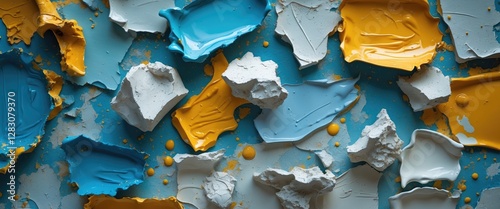 Colorful paint texture with large chunks and drips against a blue background showcasing artistic and abstract design elements. photo