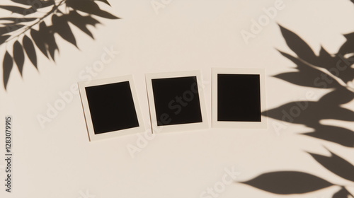 Vintage Memories: A trio of blank instant photographs sits bathed in the soft light of a tranquil afternoon, their frames accented by the delicate shadows of nearby leaves.