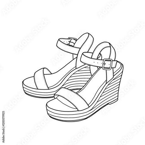 Technical sketch drawing of platform wedges ankle with buckle strap line art. Side view. Flat sketch vector. Isolated on a white background