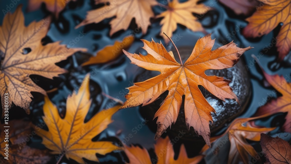 Autumn leaves floating on water showcasing vibrant orange tones in a serene natural setting capturing the essence of fall tranquility. Autumn leaves floating on water showcasing vibrant orange tones in a serene natural setting capturing the essence of fall tranquility.