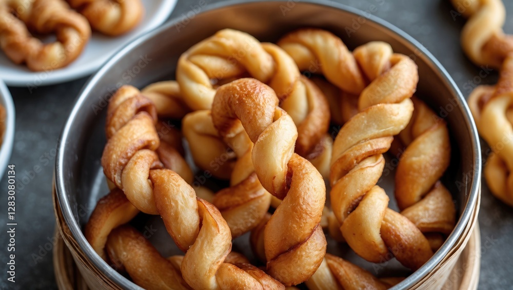 Twisted golden brown pastry snacks arranged in a bamboo steamer on a textured surface with additional pastries in the background Twisted golden brown pastry snacks arranged in a bamboo steamer on a textured surface with additional pastries in the background