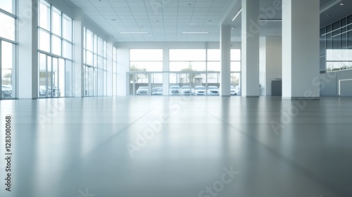 Empty dealership with spacious minimalist design and sleek decor. Featuring neutral tones and expansive windows