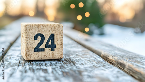 Wooden block showing 24 on snowy bench, winter sunset background; advent calendar, Christmas countdown image photo