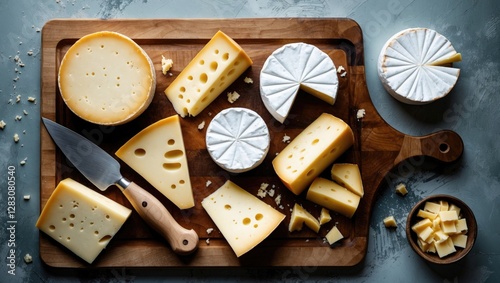 Variety of cheese types on wooden cutting board with knife and small bowl of cubed cheese against textured background photo