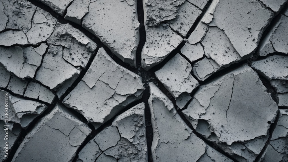 Cracked texture of dry concrete surface with intricate patterns and details in gray tones Cracked texture of dry concrete surface with intricate patterns and details in gray tones