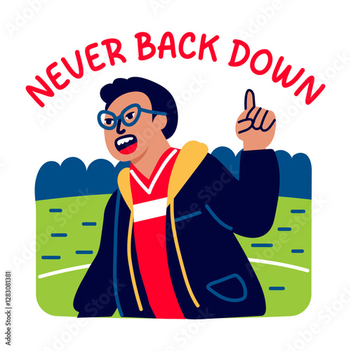 Motivating football coach shouting never back down, flat sticker