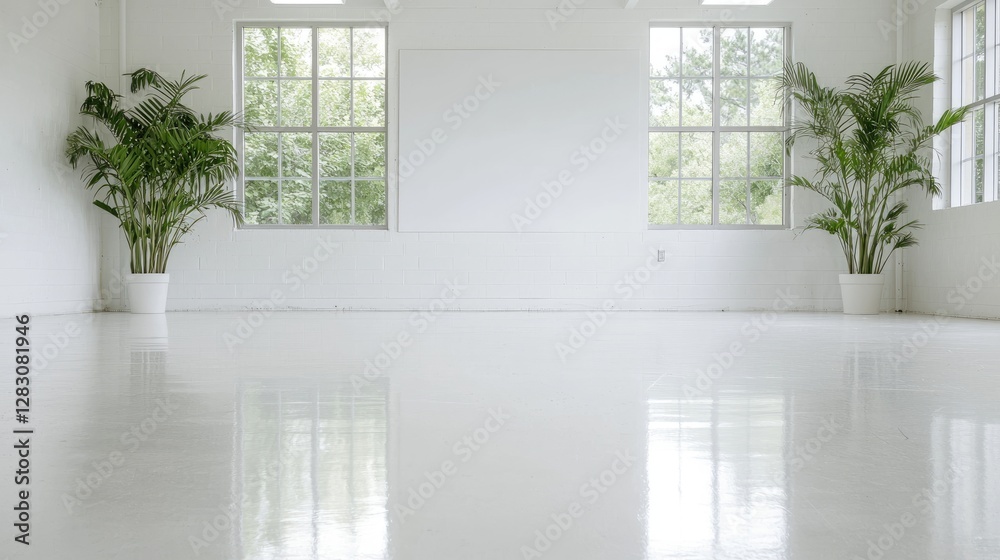 Fototapeta premium Two green potted plants stand in a bright, empty white room with large windows and a reflective glossy floor during the day.