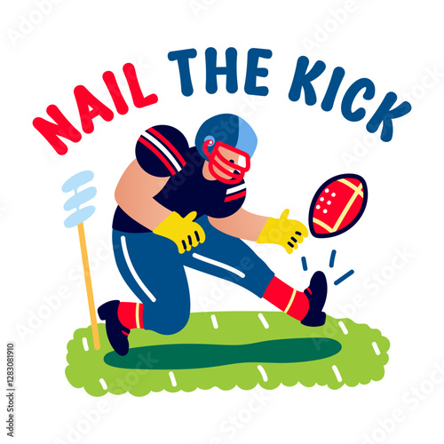 Rugby player with nail the kick text, flat sticker