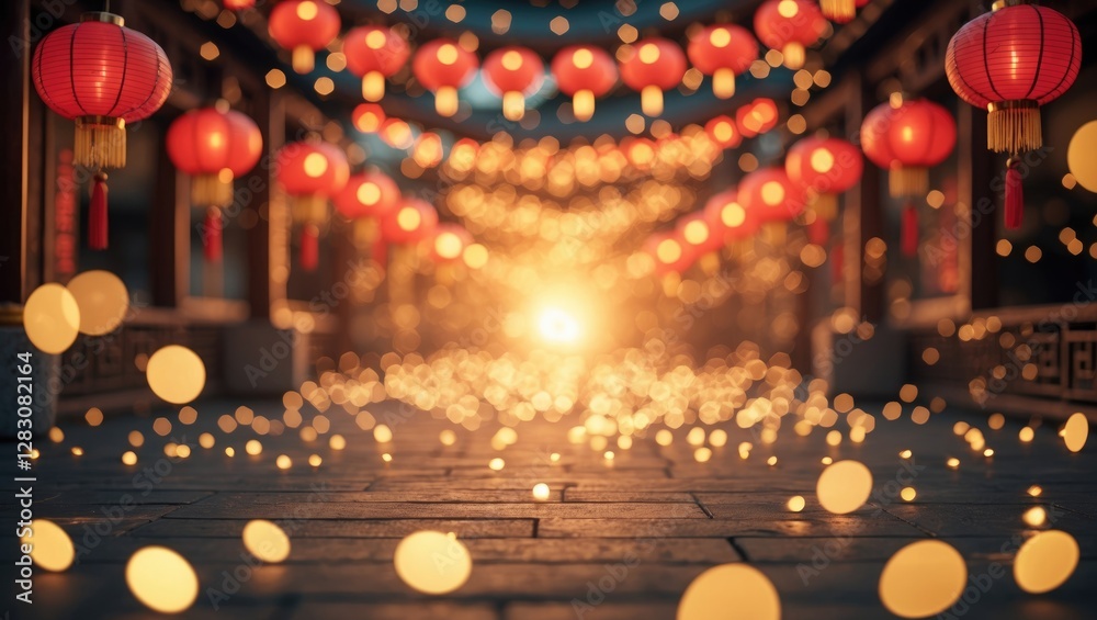 Festive Chinese New Year ambiance with vibrant red lanterns and golden bokeh lights creating a magical celebration atmosphere. Festive Chinese New Year ambiance with vibrant red lanterns and golden bokeh lights creating a magical celebration atmosphere.