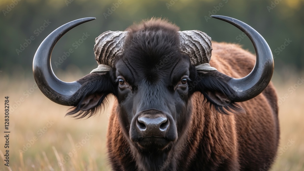 Close-up of an Indian bison also known as gaur with large curved horns in a natural setting during the day