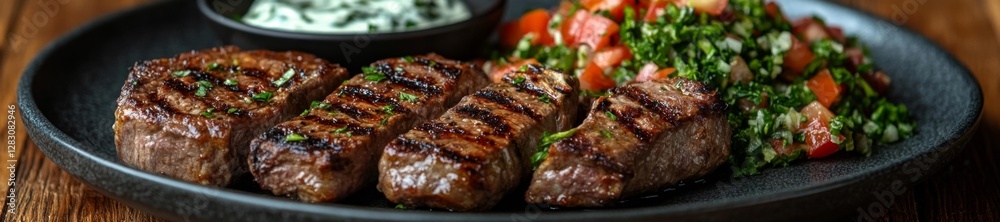 Sizzling Grilled Meat with Salad and Creamy Sauce. Generative AI Sizzling Grilled Meat with Salad and Creamy Sauce. Generative AI