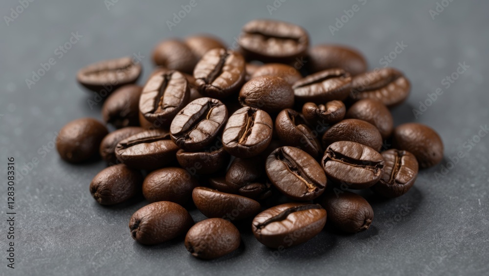 Naklejka premium Close up of dark roasted coffee beans arranged on a textured gray background showcasing their rich color and unique shapes.