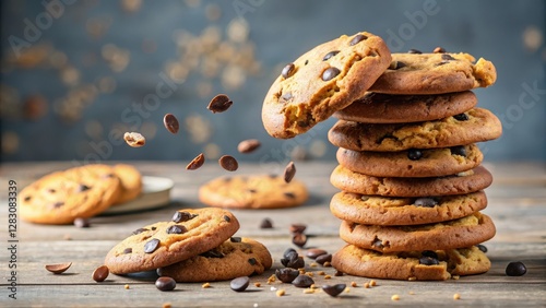 A stack of freshly baked chocolate chip cookies scattered on a surface