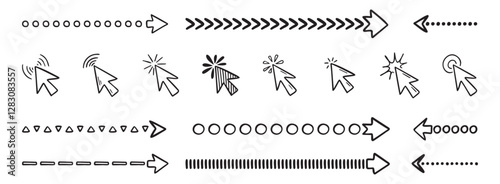 Doodle click icon and hand drawn arrows set. Doodle line mouse cursor.