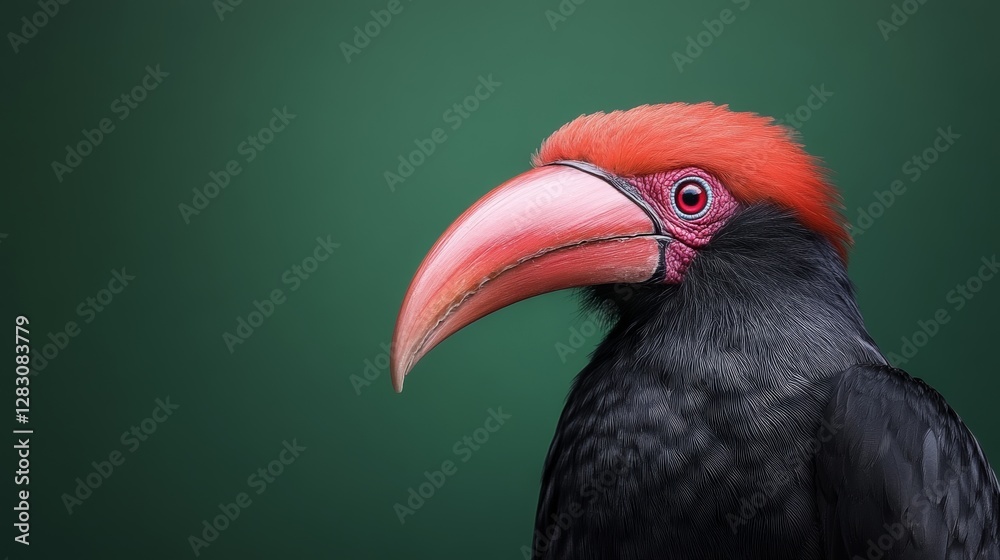 Hornbill (Bucorvus leadbeateri) with vibrant red face and curved beak, intricate feather details, isolated on deep green backdrop Hornbill (Bucorvus leadbeateri) with vibrant red face and curved beak, intricate feather details, isolated on deep green backdrop