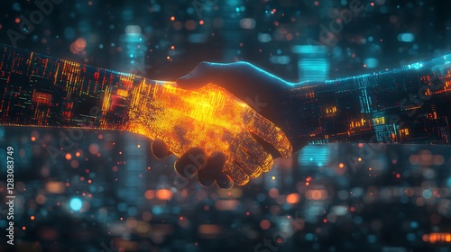 A visionary fintech handshake, intertwined with a digital metropolis, glowing stock price fluctuations, AI-enhanced economic forecasting screens, immersive cyber-futuristic trading aesthetics,