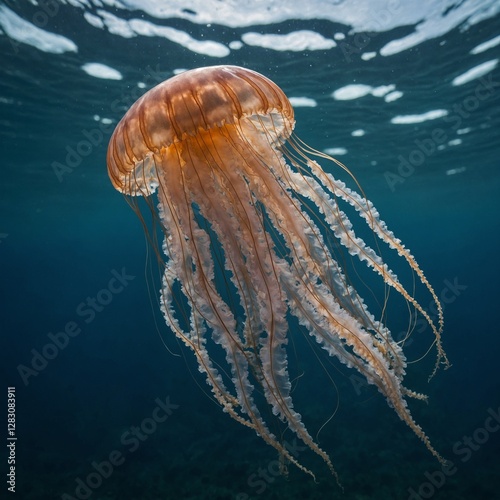 A close-up of a jellyfish floating serenely through the ocean, its tentacles trailing behind.