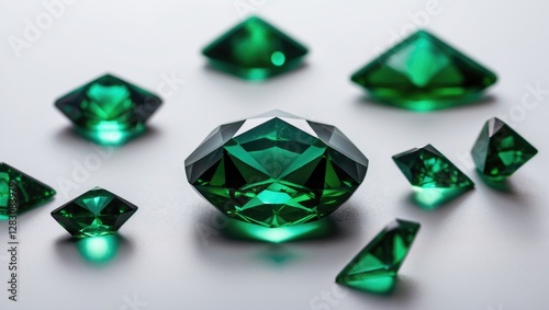 close up view of beautifully cut emerald gemstones arranged on a reflective surface showcasing their intricate cuts and vibrant green hues