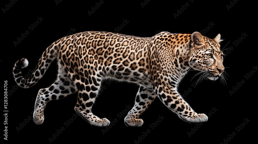 Leopard (Panthera pardus) walking with stealth, piercing yellow eyes locked onto prey, vibrant fur texture, isolated macro on deep green Leopard (Panthera pardus) walking with stealth, piercing yellow eyes locked onto prey, vibrant fur texture, isolated macro on deep green