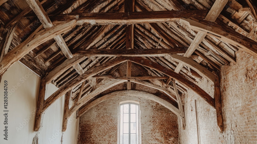Exposed wooden trusses forming the roof structure of a traditional house Exposed wooden trusses forming the roof structure of a traditional house