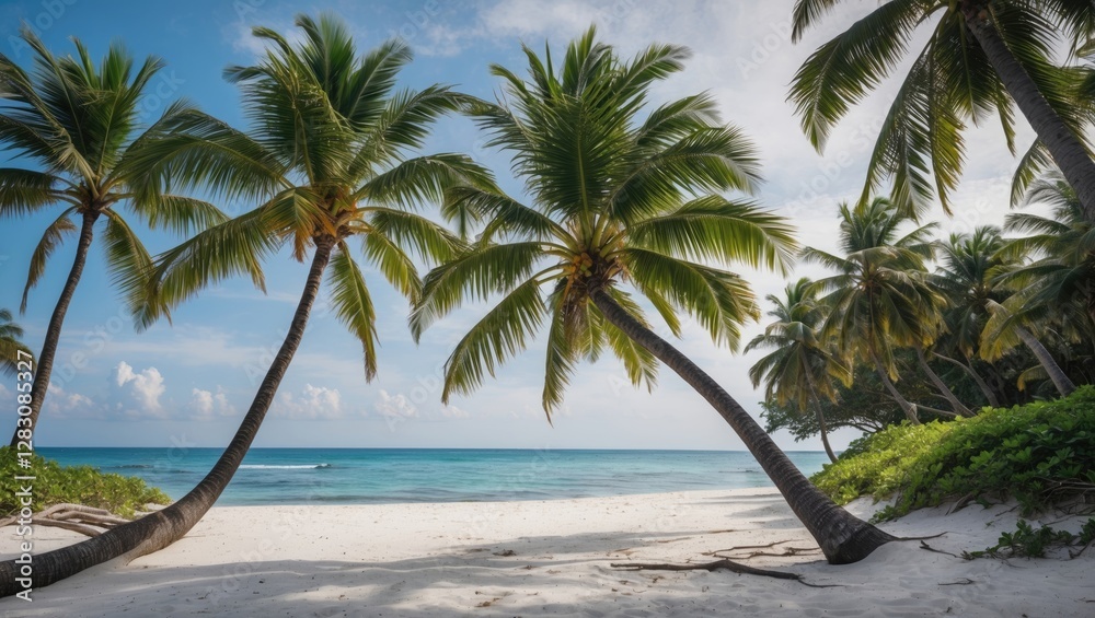 Tropical beach with leaning palm trees and clear blue water under a partly cloudy sky Copy Space Tropical beach with leaning palm trees and clear blue water under a partly cloudy sky Copy Space