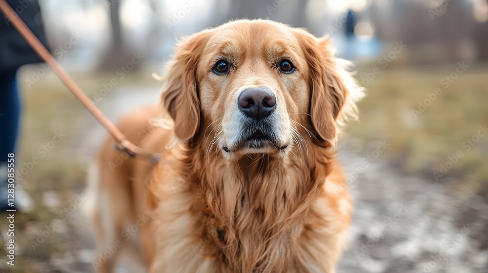 Golden Retriever Dog Pulling on Leash During Outdoor Walk in Nature Golden Retriever Dog Pulling on Leash During Outdoor Walk in Nature