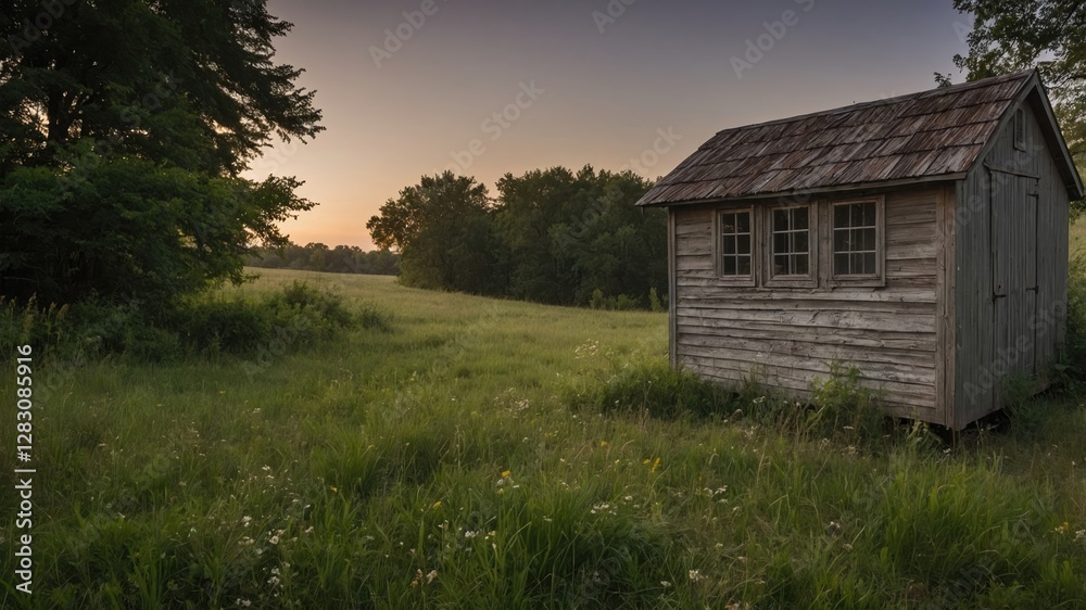 Abandoned wooden shed in a grassy field at sunset with trees in the background landscape with Copy Space Abandoned wooden shed in a grassy field at sunset with trees in the background landscape with Copy Space