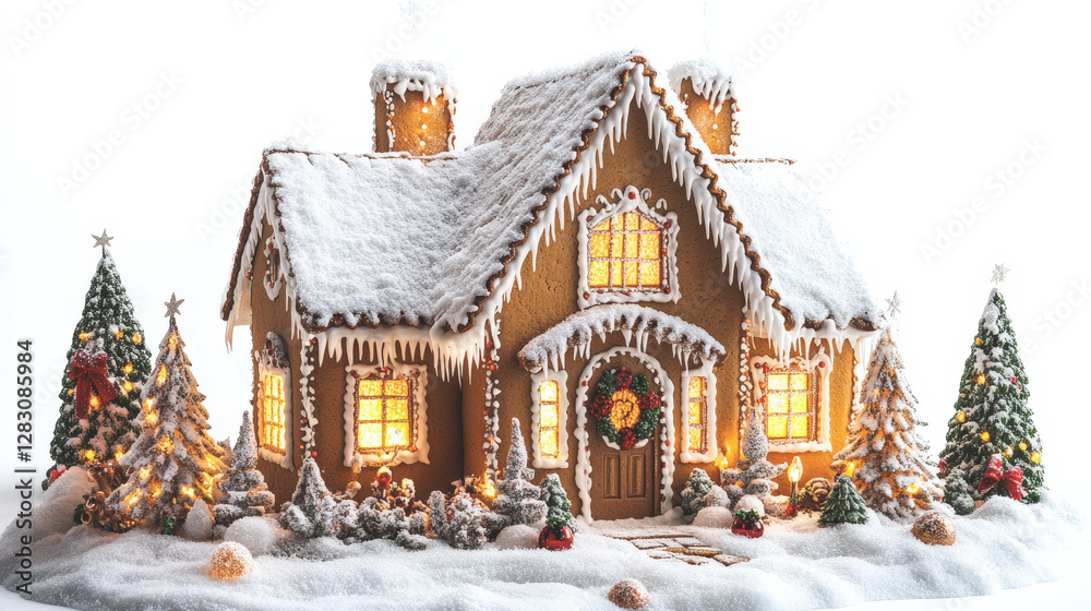 A small house made of chocolate cookies in the woods on a snowy day A small house made of chocolate cookies in the woods on a snowy day