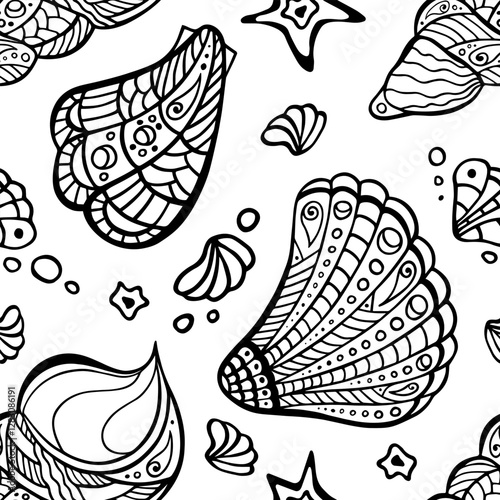 Polynesian shell chaotic seamless pattern. Zen doodle conch endless texture. Maori sea random repeat boundless background. Tribal ocean surface design. Irregular marine ornament for coloring book page