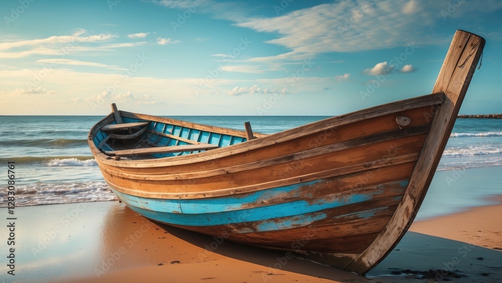 Wooden fishing boat on sandy beach with calm waves and blue sky, tranquil marine scenery, Copy Space