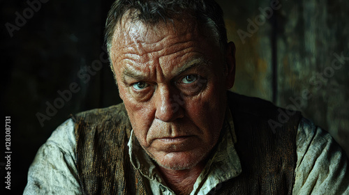 Portrait of a 19th-century peasant man with a rugged face and intense gaze in rustic lighting photo