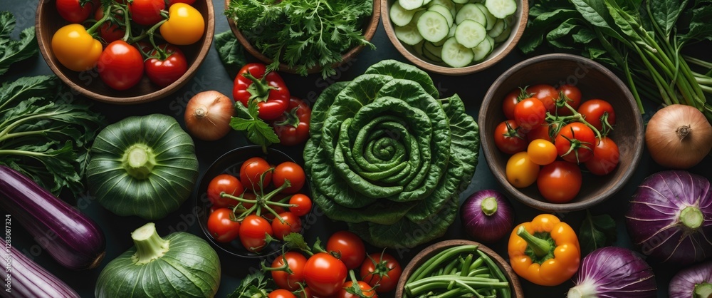 Fresh assorted vegetables in wooden bowls with vibrant colors and textures on dark background with Copy Space Fresh assorted vegetables in wooden bowls with vibrant colors and textures on dark background with Copy Space