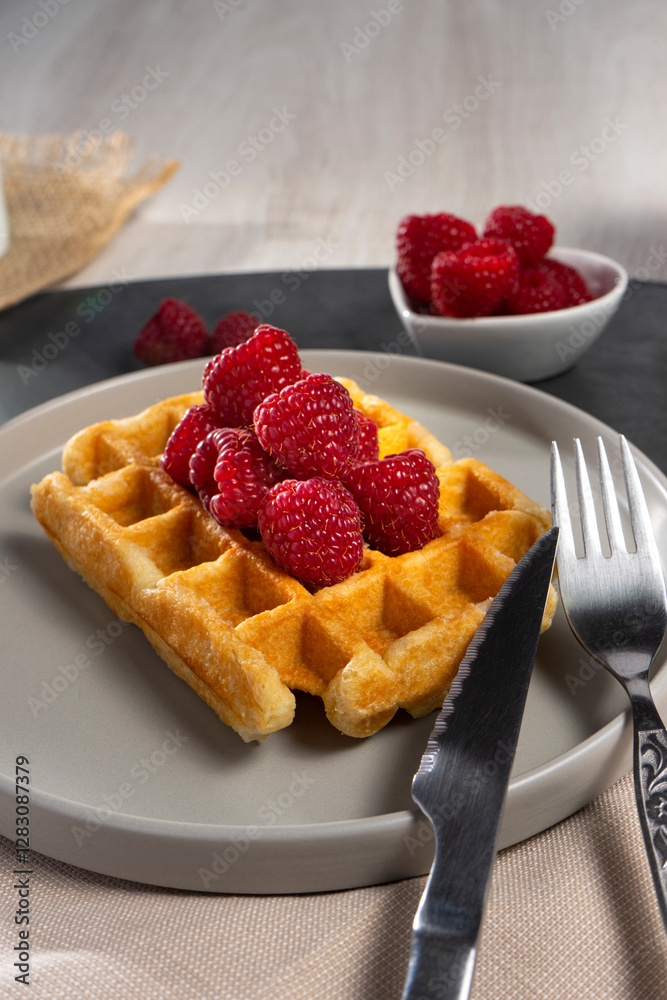 A waffle topped with raspberries on a gray plate, accompanied by bowls of raspberries, a white cup, and a jar in the background on a wooden table. A waffle topped with raspberries on a gray plate, accompanied by bowls of raspberries, a white cup, and a jar in the background on a wooden table.