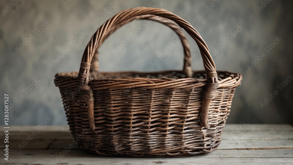 Wicker basket on wooden table against textured background with copy space for text Wicker basket on wooden table against textured background with copy space for text