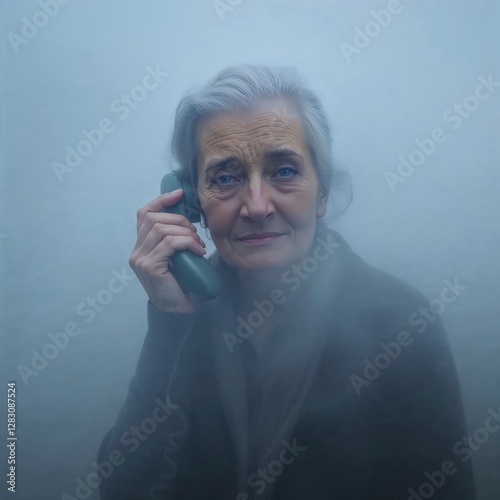 senior woman talking on cell phone in a fog