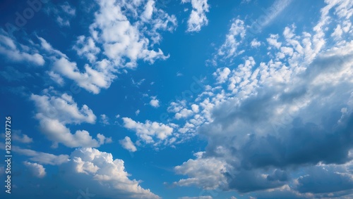 Cloudy sky with blue background natural scenery featuring various cloud formations and sunlight.