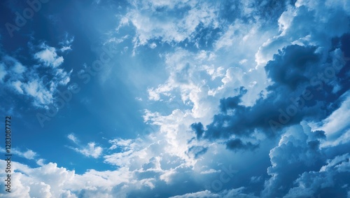 Blue sky with scattered clouds and dramatic lighting creating a natural atmospheric background for weather and nature themes